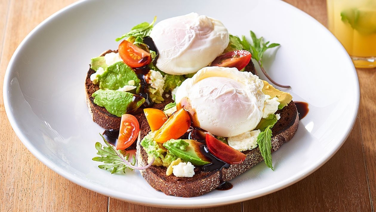 Avocado and Feta Smash on Rye with Poached Eggs and Balsamic Glaze Recipe
