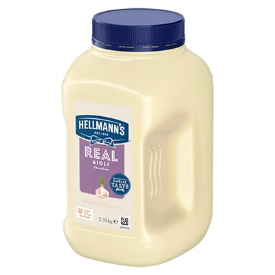 HELLMANN'S Real Aioli Gluten Free 2.35kg - HELLMANN'S Real Aioli is made to an authentic recipe using 100% egg yolks & infused with garlic for that balanced, real scratch made taste.