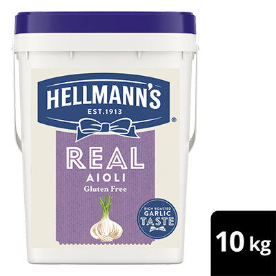 HELLMANN'S Real Aioli Gluten Free 10kg - HELLMANN'S Real Aioli is made to an authentic recipe using 100% egg yolks with an infusion of garlic for that balanced, scratch made taste.
