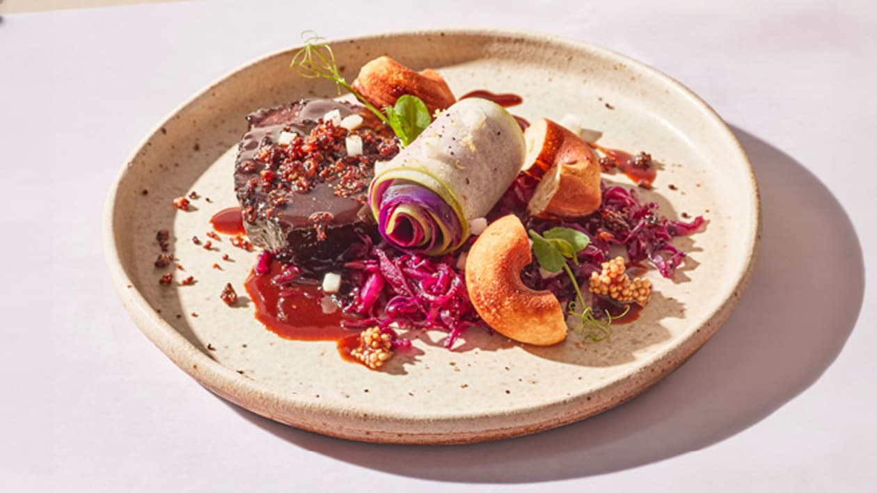 Braised Beef, Red Cabbage Roulade and Potato – Recipe