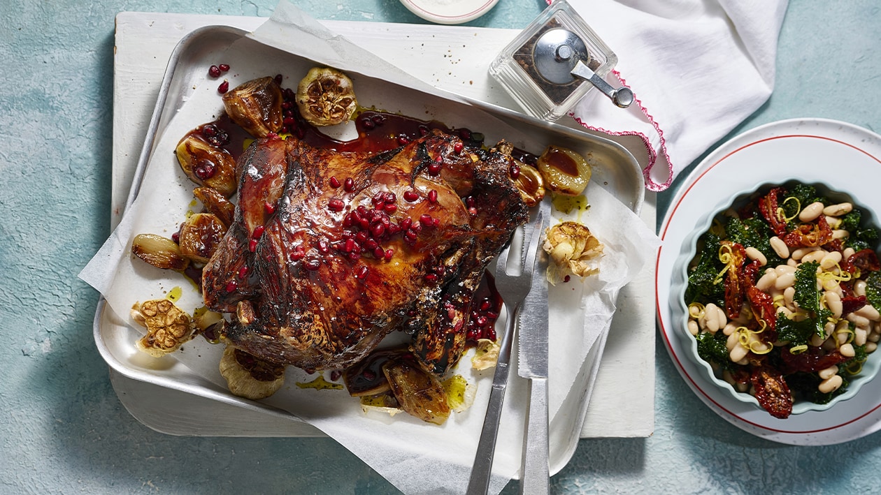 Roast Lamb with Pomegranate Glaze, Cannellini and Spinach Salad – Recipe