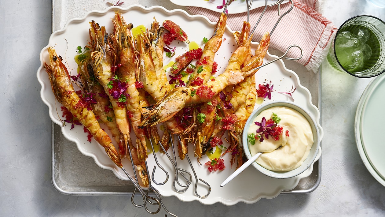 Charred Prawn Skewers with Lime Aioli – Recipe